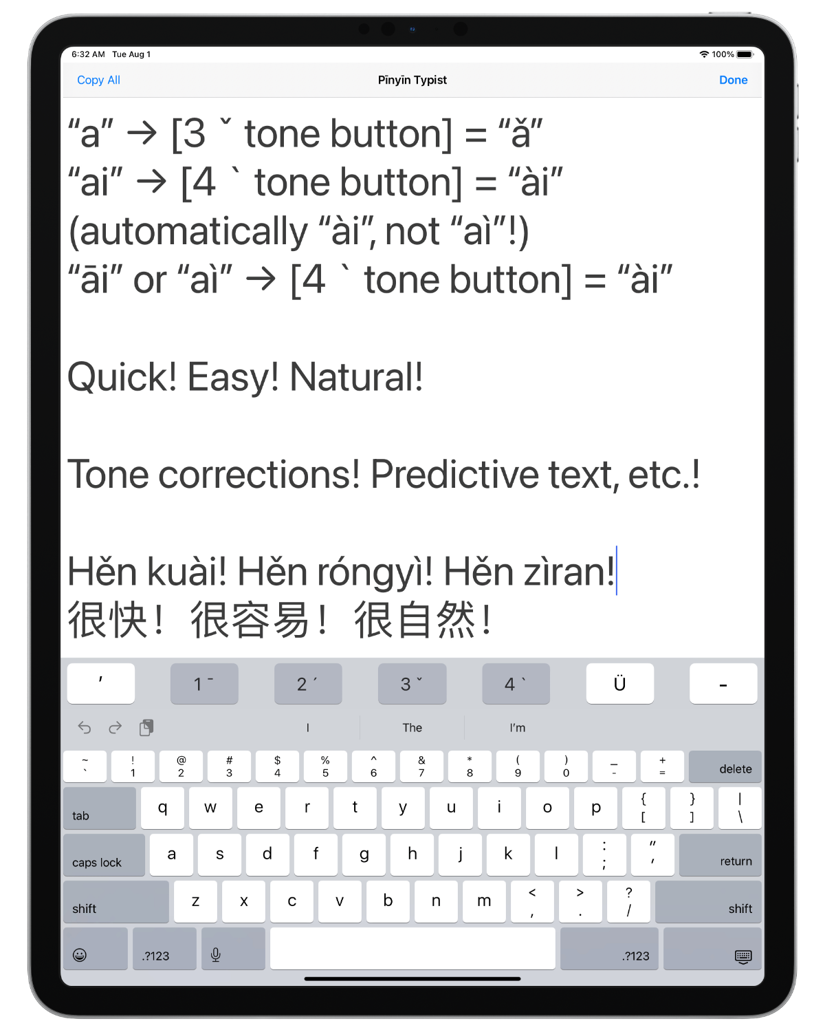 Screenshot: iPad; Intro; keyboard; System (San Francisco) font