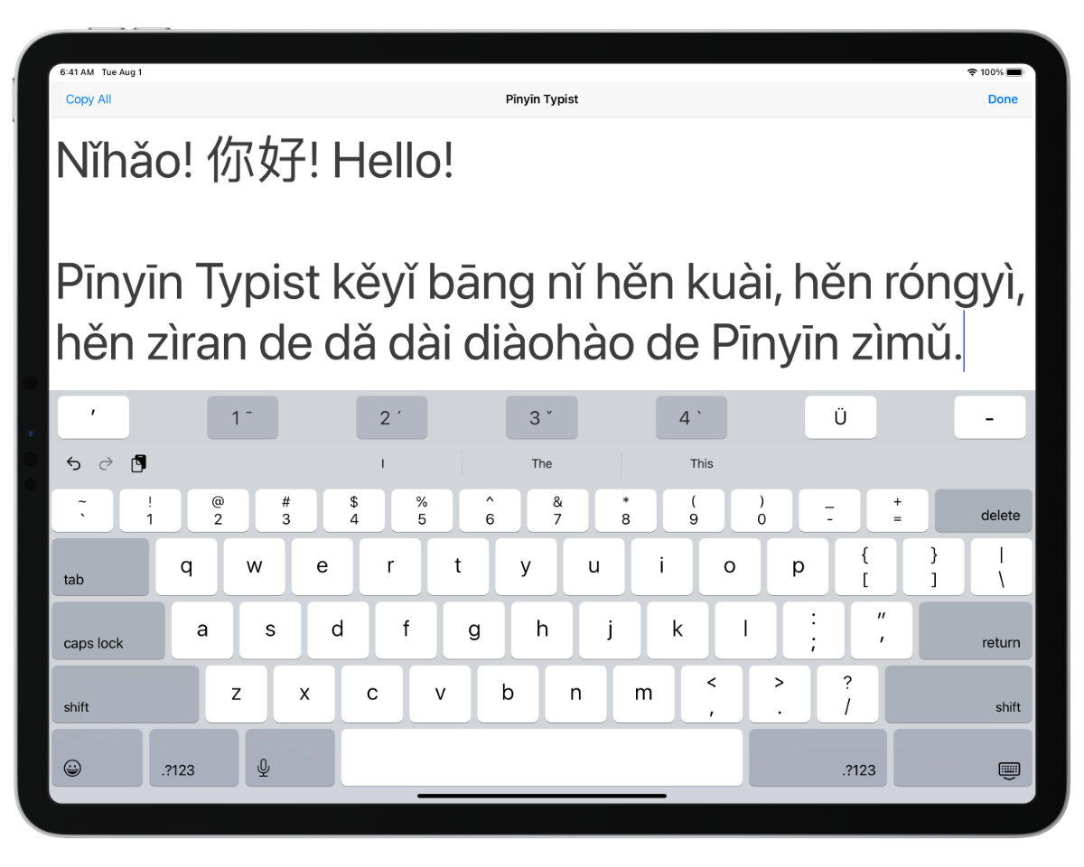 Screenshot: iPad; “Nǐhǎo” in Pīnyīn, characters, and English, message in Pīnyīn; keyboard; System (San Francisco) font; landscape orientation