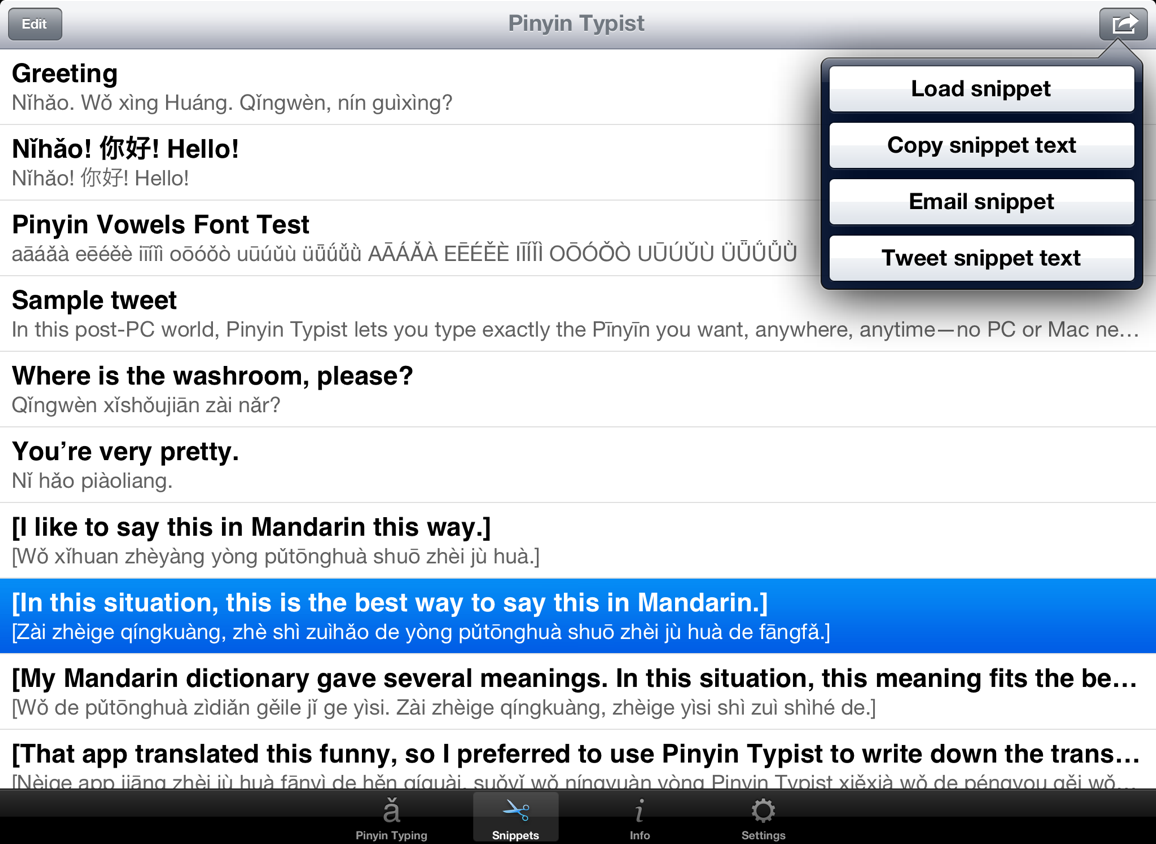 Screenshot: Snippets tab view, with menu (landscape orientation)