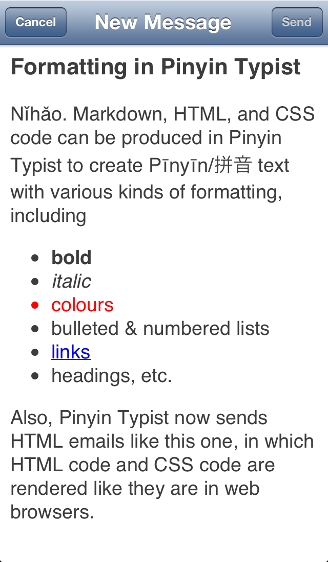Screenshot: Formatting with Markdown, HTML, CSS, etc. code; HTML emails